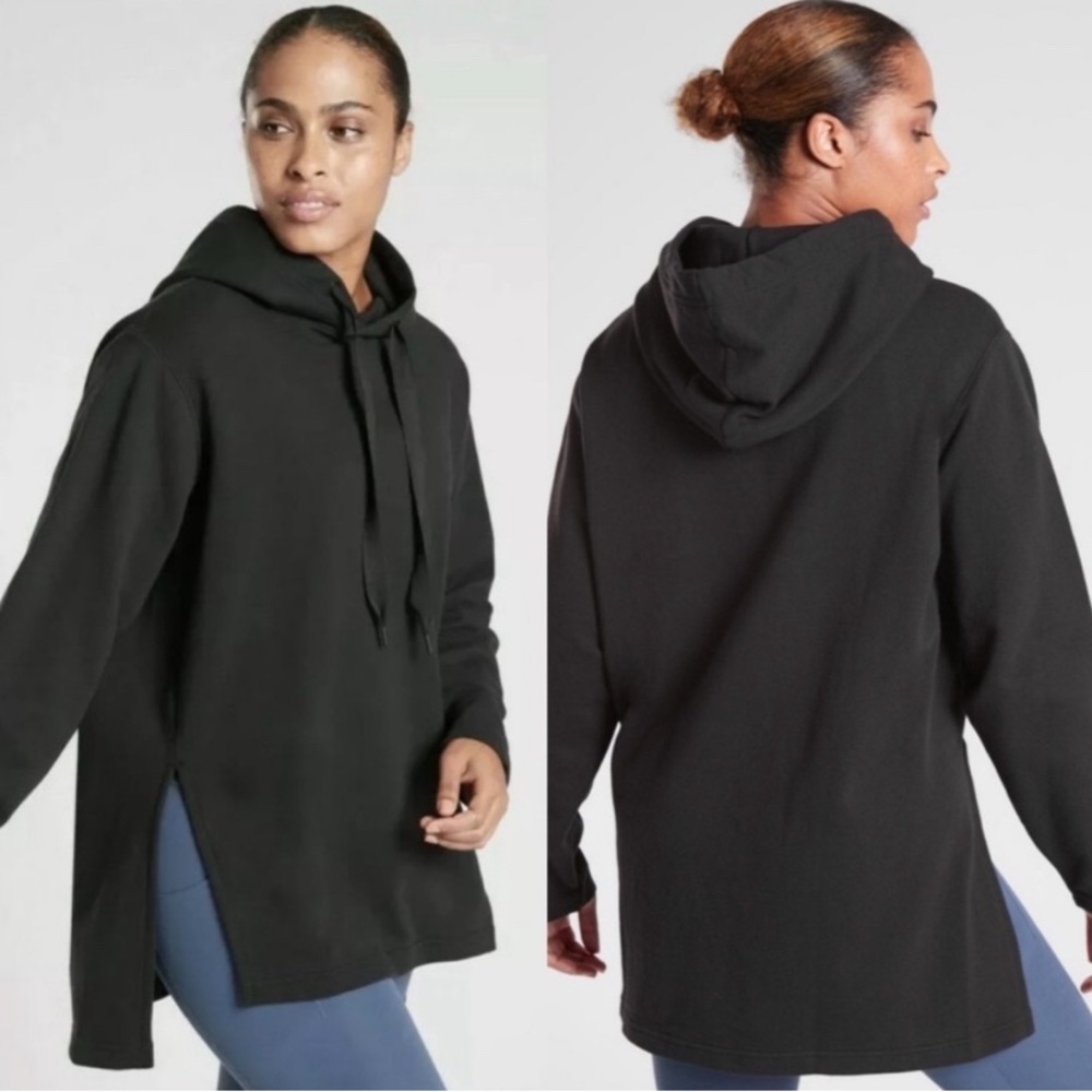 ATHLETA Yogi High Low Sweatshirt‎ XS Drawstring Hood Long Sleeve Pullover Black